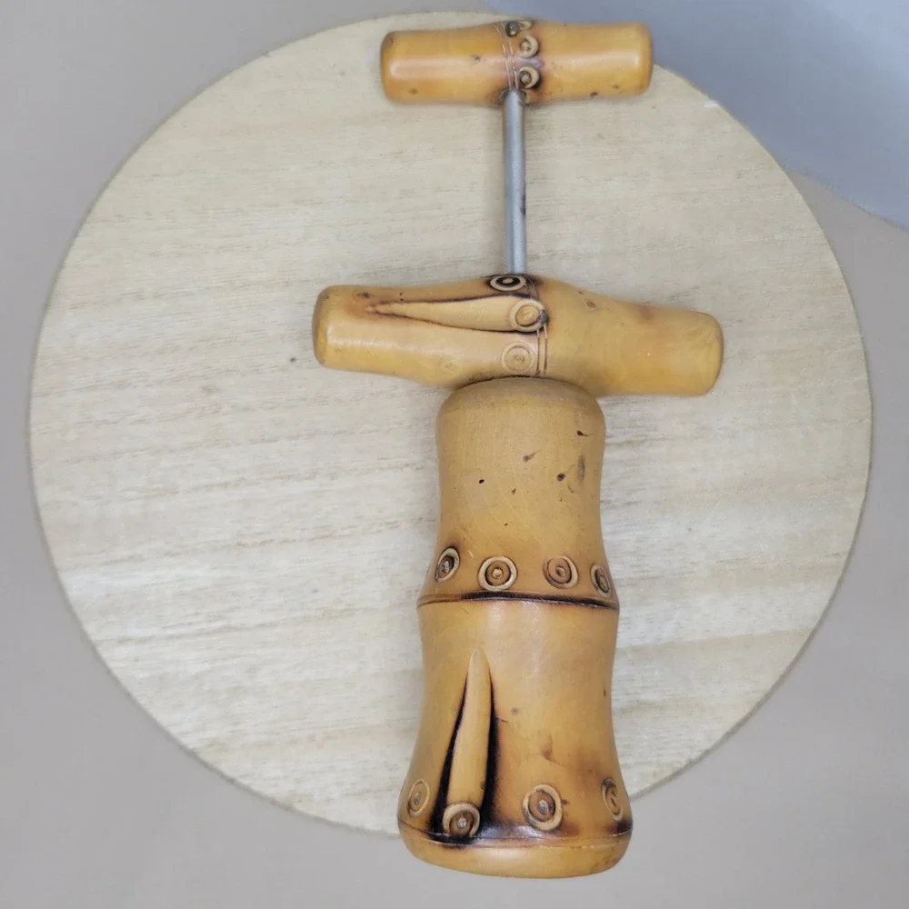 Vintage Bamboo Style Corkscrew Wine Opener Bar Tool Rustic Decor